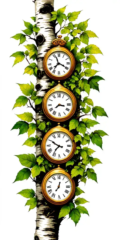 Birch Tree In Summer With Green Leaves With Three Clocks On It
