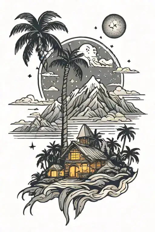 Mountain And Palm Tree Night Sky Filled