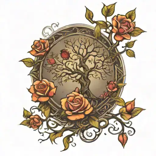 Beautiful Tree Of Life With A Blooming Rose Tattoo For Men Side Leg