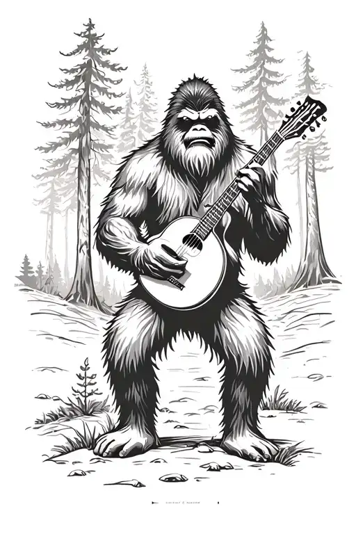Bigfoot Playing The Banjo In A Forest Scene
