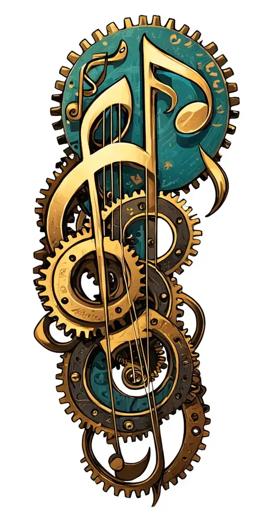 Musical Notes Intertwined With Mechanical Gears