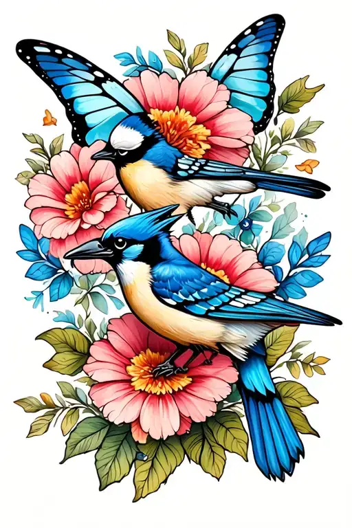 Blue Jays Flowers And Butterflies Fluttering