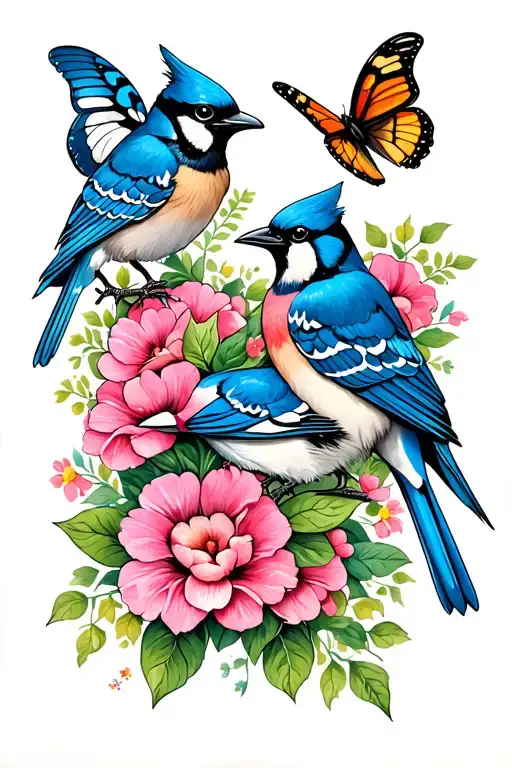 Blue Jays Flowers And Butterflies Intertwined