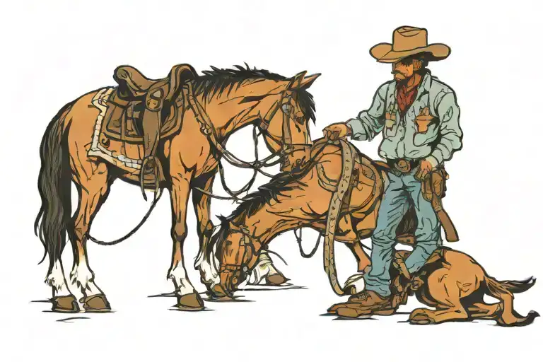 Cowboy Kneeling At Cross With A Horse Standing
