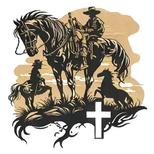 Silhouette Horse And Cowboy Kneeling At Cross