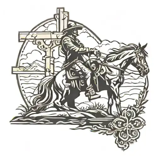 Silhouette Of A Cowboy Kneeling At A Cross With A Horse In Th Ebackground
