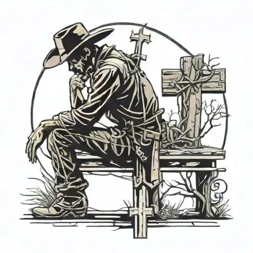 Silhouette Of A Cowboy Kneeling Down Next To A Cross