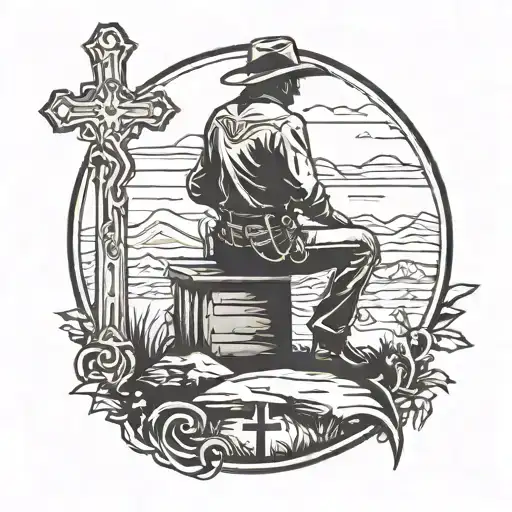 Silhouette Of A Cowboy That Is Kneeling Down Next To A Cross