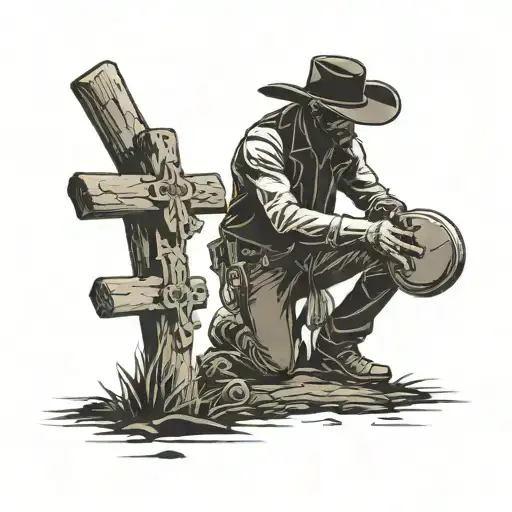 Silhouette Of A Cowboy That Is Kneeling Down Next To A Cross