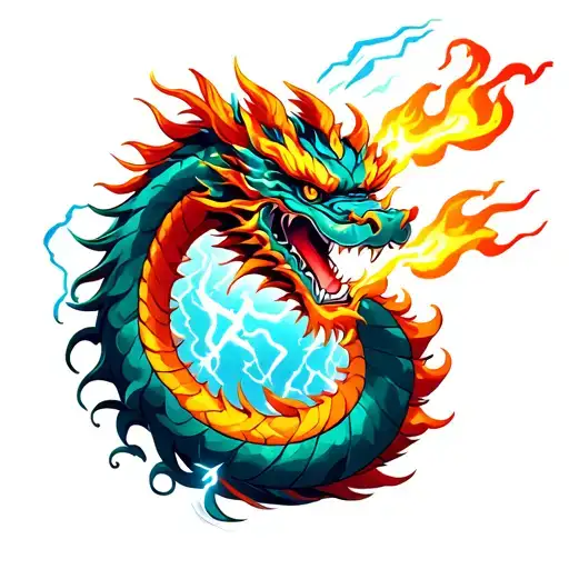 A Chinese Dragon Breathing Fire With Lightning In The Background