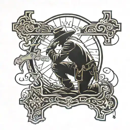 Silhouette Of A Cowboy That Is Kneeling Down Next To A Cross