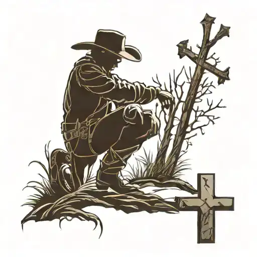 Silhouette Of A Cowboy That Is Kneeling Down Next To A Cross