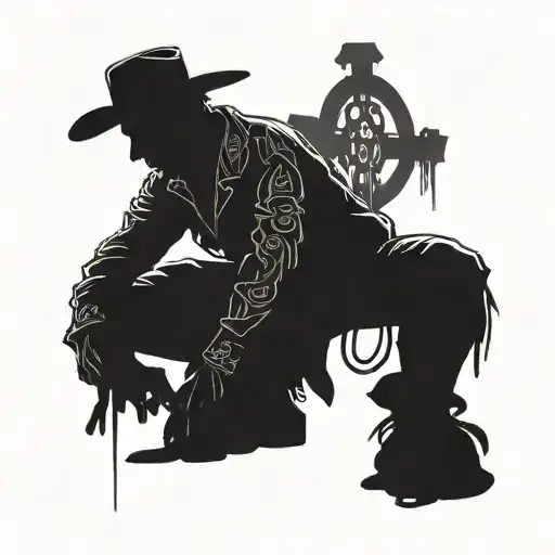 Silhouette Of A Cowboy That Is Kneeling Down Next To A Cross