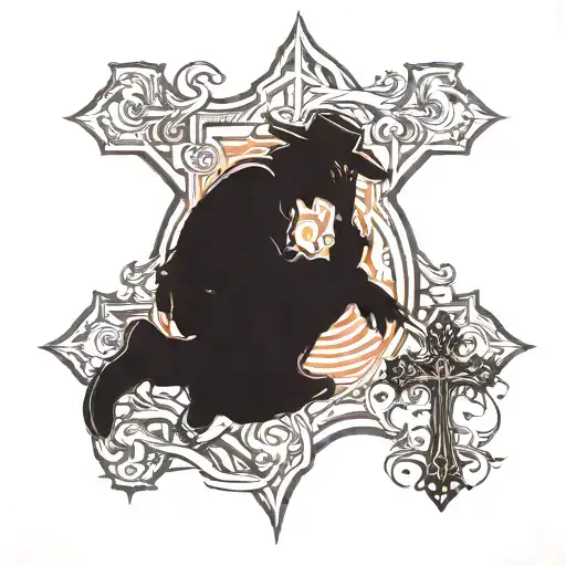 Silhouette Of A Cowboy That Is Kneeling Down Next To A Cross