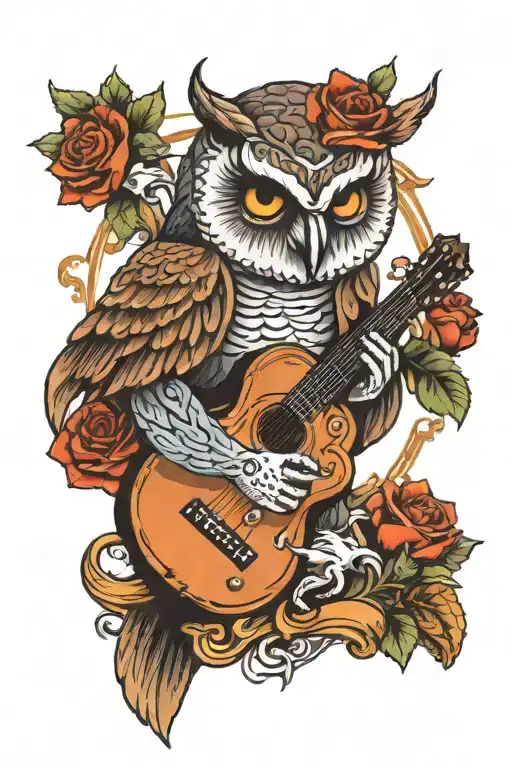 Guitar And Owl Perched On Skull