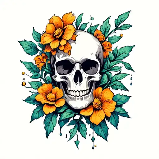 Skull Vines And Flower Growing On And Around It Luminous Points Of Small