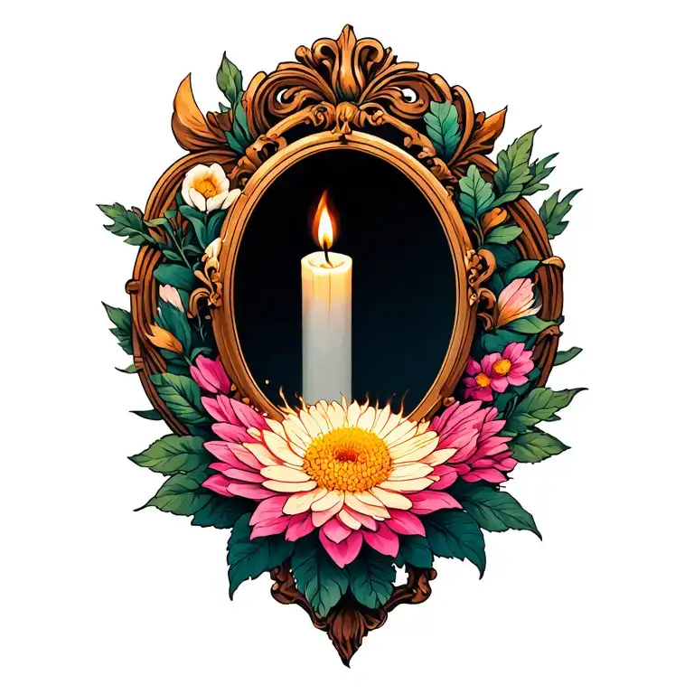 A Mirror With A Burning Candle Inside Of It And Crysanthemum Outside