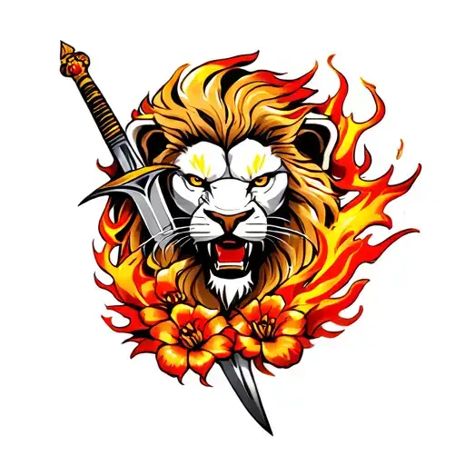 Fire Flower Lion Sword Aggressive And Bold Tatto