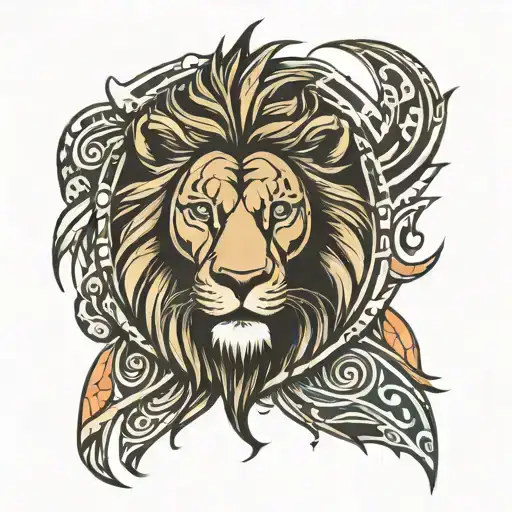 Lion Face And Tribal Band Tattoo For Fore Arm Sleeve