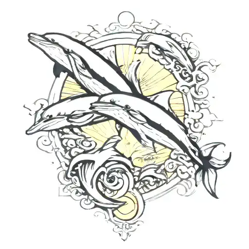 Cross And 2 Dolphins Jumping With Sunset