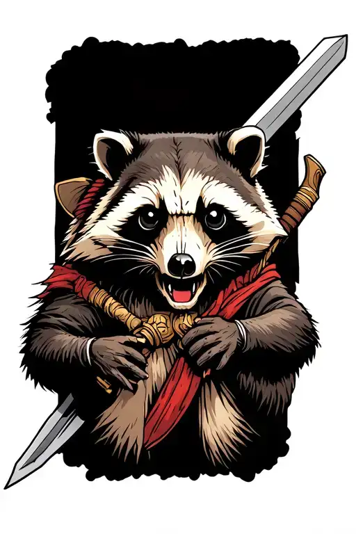 Possum Skull Beside Raccoon Holding Sword