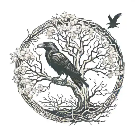 Old Tree With Raven Flying