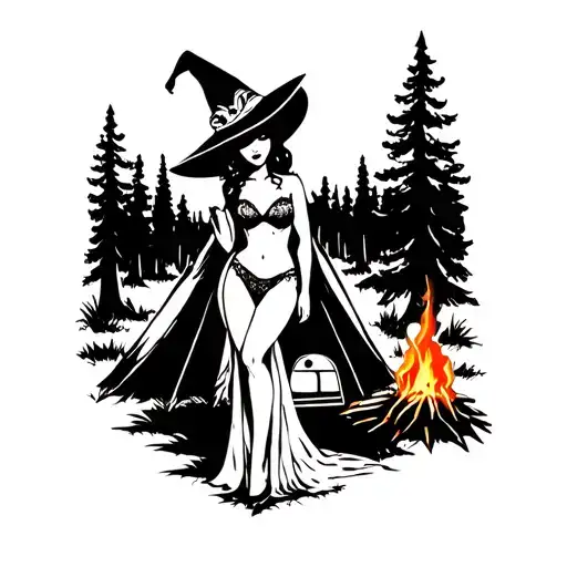Silhouette Of Busty Sexy Witch Bride In Lingerie Over A Campsite With A Trailer And Campfire