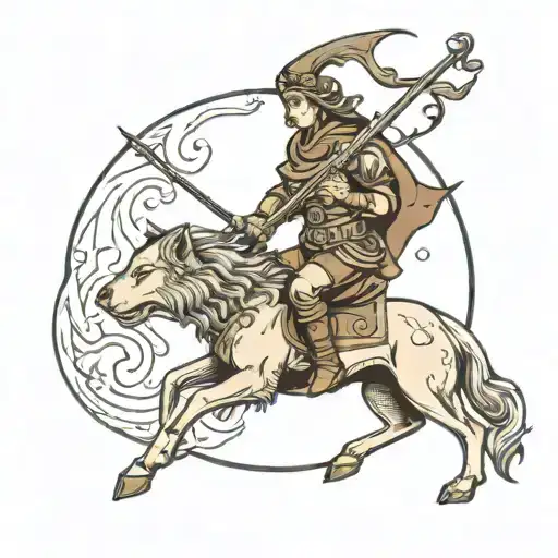 Sagittarius Aiming At Wolf With Moon In Background