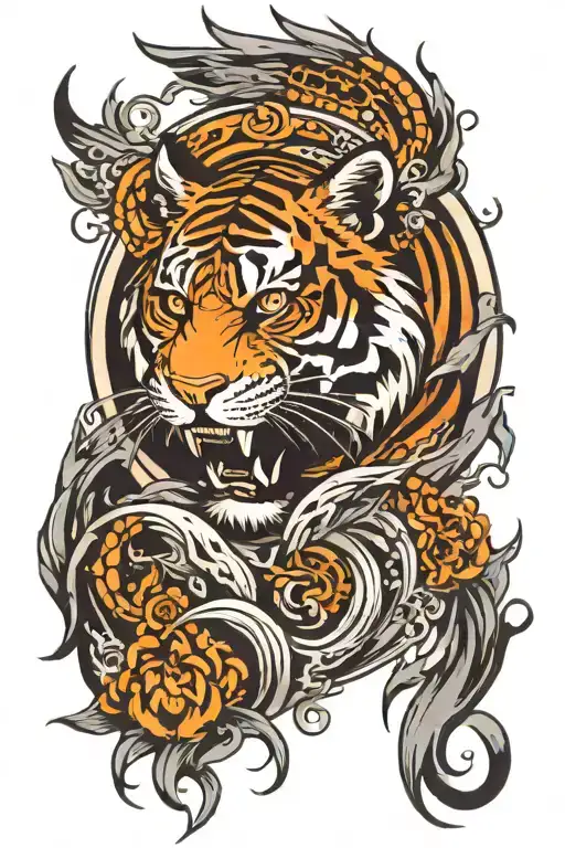 Phoenix Rising From Ashes With A Tiger Head Above