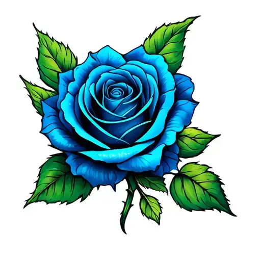Blue Rose With Green Leaves