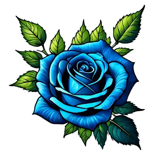 Blue Rose With Green Leaves