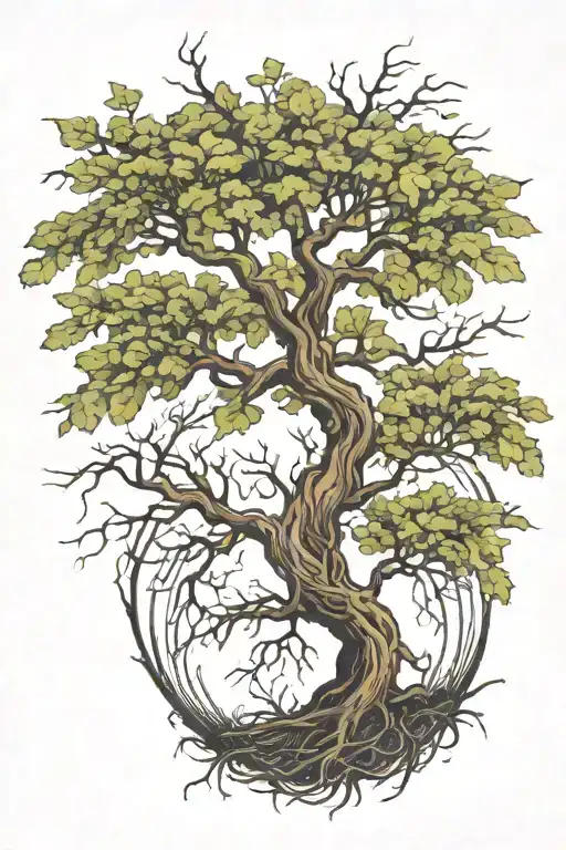 Willow Oak Tree With Roots Reaching Around The Earth