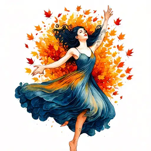 Woman Levitating With Autumn Leaves Swirling Around Her Floral Minimal Design Watercolour