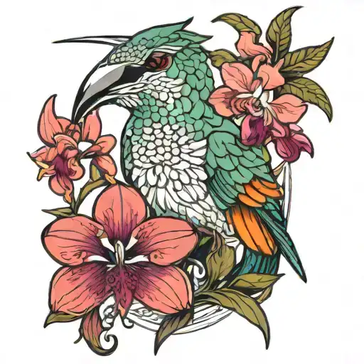 Momma Humming Bird With Baby Humming Bird Drinking From Orchid With A Lion Standing Guard