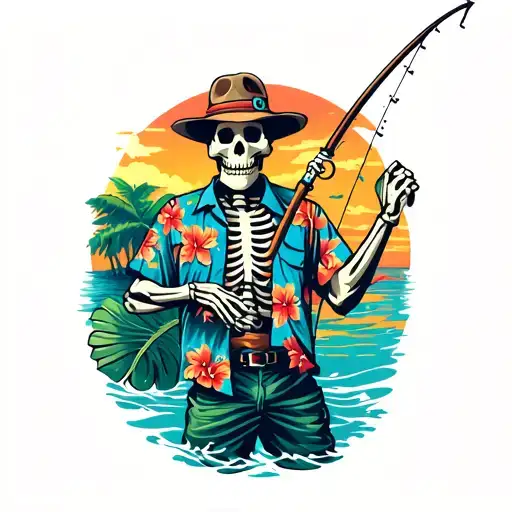 Skeleton Fishing Wearing Hawaiian Shirt