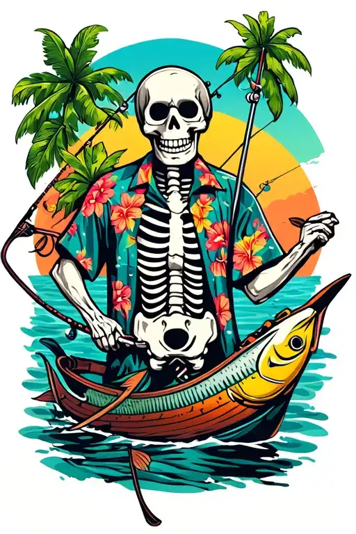 Skeleton Fishing Wearing Hawaiian Shirt