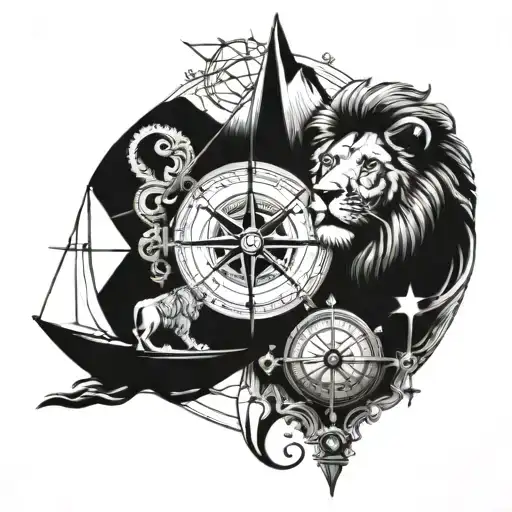 Compass With A Lion And A Boat Sailing