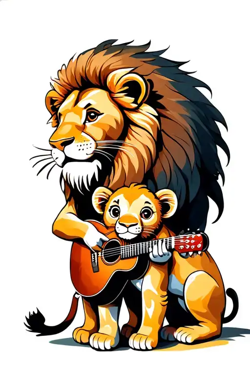 Lion Couple With Cub Playing Music