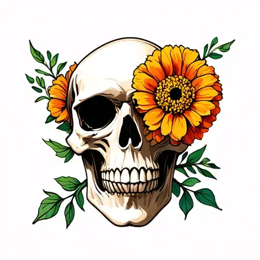 Skull And Marigold Flower