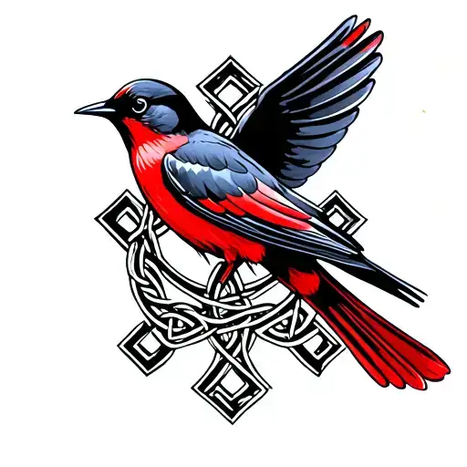 Black And Red Swallow Bird Perched On Celtic Cross