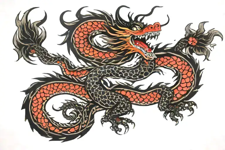 Black Japan Dragon With Long Body And Without Wings