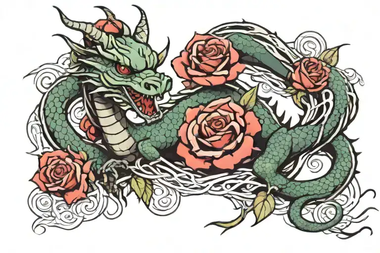 Dragon With Roses Intertwined