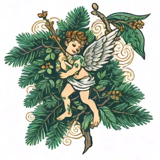 Cupid With Evergreen Tree