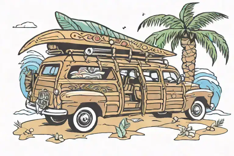 Woody Surf Wagon With Surf Boards On A Tropical Beach