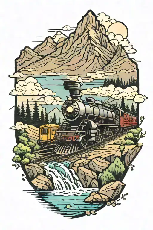Train Crossing A Creek Running Through Mountains