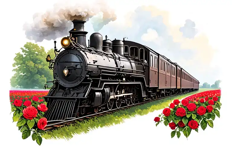 British Steam Train With A Field Of Roses Growing