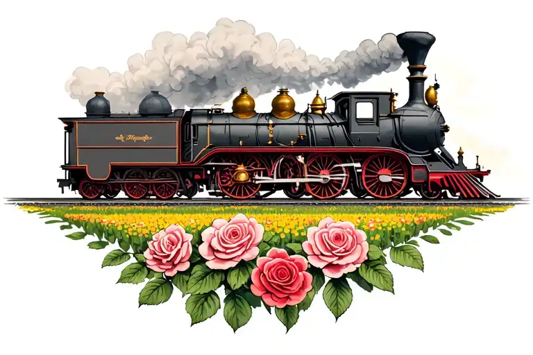 British Steam Train With A Field Of Roses Growing