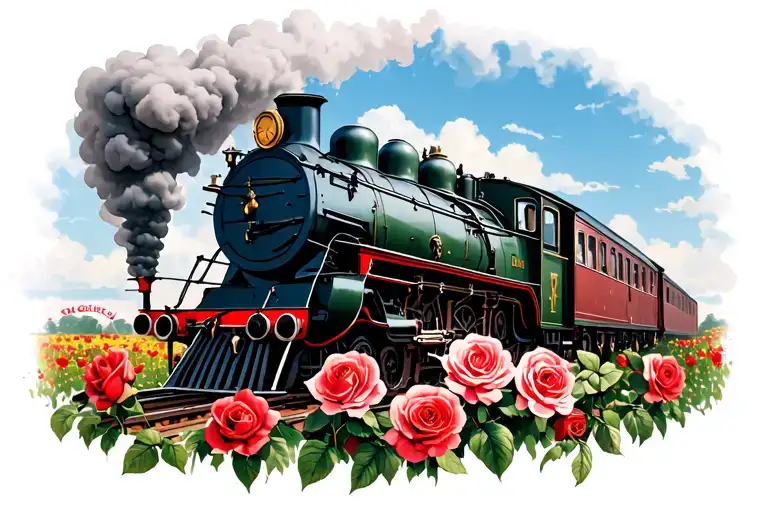 British Steam Train With A Field Of Roses Growing