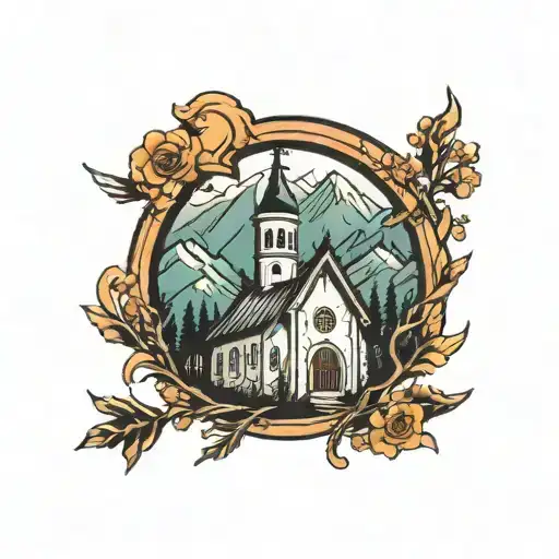 Church Nestled In The Mountains With A Cross Made With Arrows
