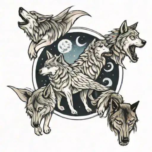 2 Wolves Howling At Moon With 6 Pups Howling At The Moon